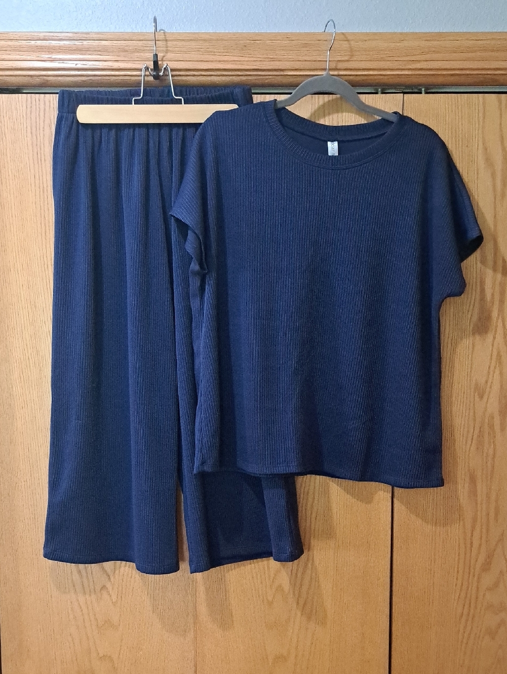 Navy Ribbed Two-Piece Lounge Set - Top & Wide Leg Pants